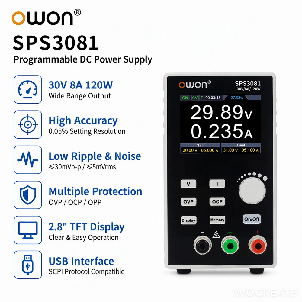 OWON SPS Fanless Programmable DC Power Supply 30V/60V Silent Bench Lab Power Supply 10mV 1mA USB SCPI OVP OCP OTP Power Source