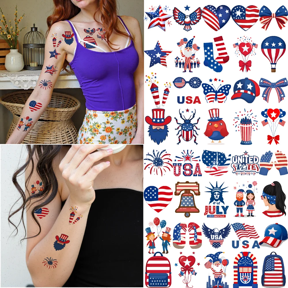 

63 шт., временные татуировки, американские наклейки, мультяшные патриотические наклейки, временные татуировки, наклейки для щек, мальчиков, рук
