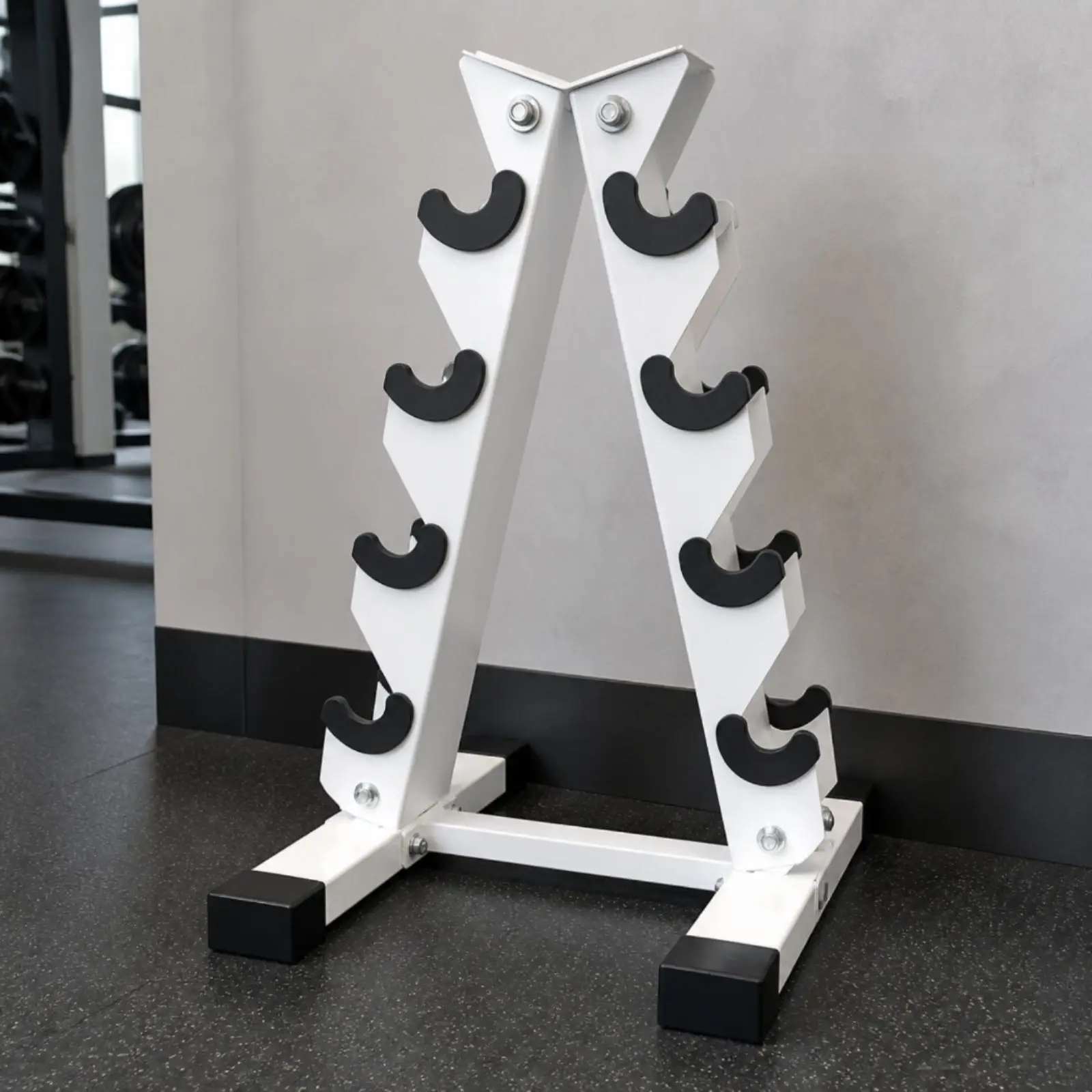 Dumbbell Weight Storage Rack 4 Tier Steel Triangle Organizer for Home Fitness Studio Compact Hex Dumbbell Holder with Rubber
