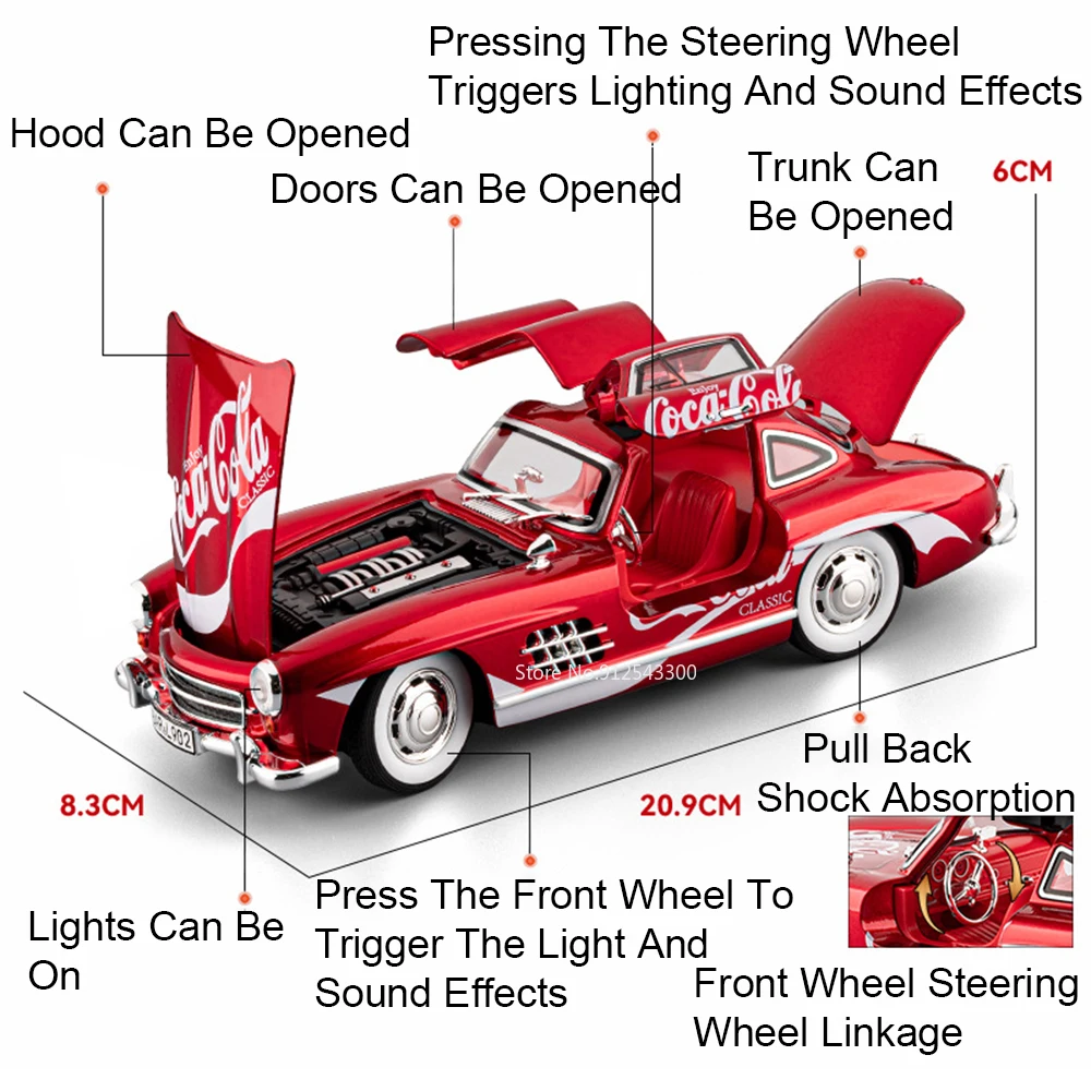 1:24スケール 300SL 500K ヴィンテージカー おもちゃ モデル 合金ボディ ドア開閉 音楽 ライト プルバック 車両モデル キッズ ホビー ギフト