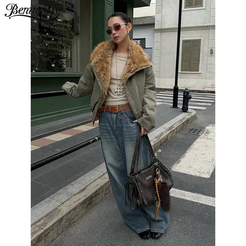 Benuynffy 2025 Autumn Winter Street Retro Fur Collar Thick Washed Jacket Women's Fashion Long Sleeve Warm Coats Woman Outerwear