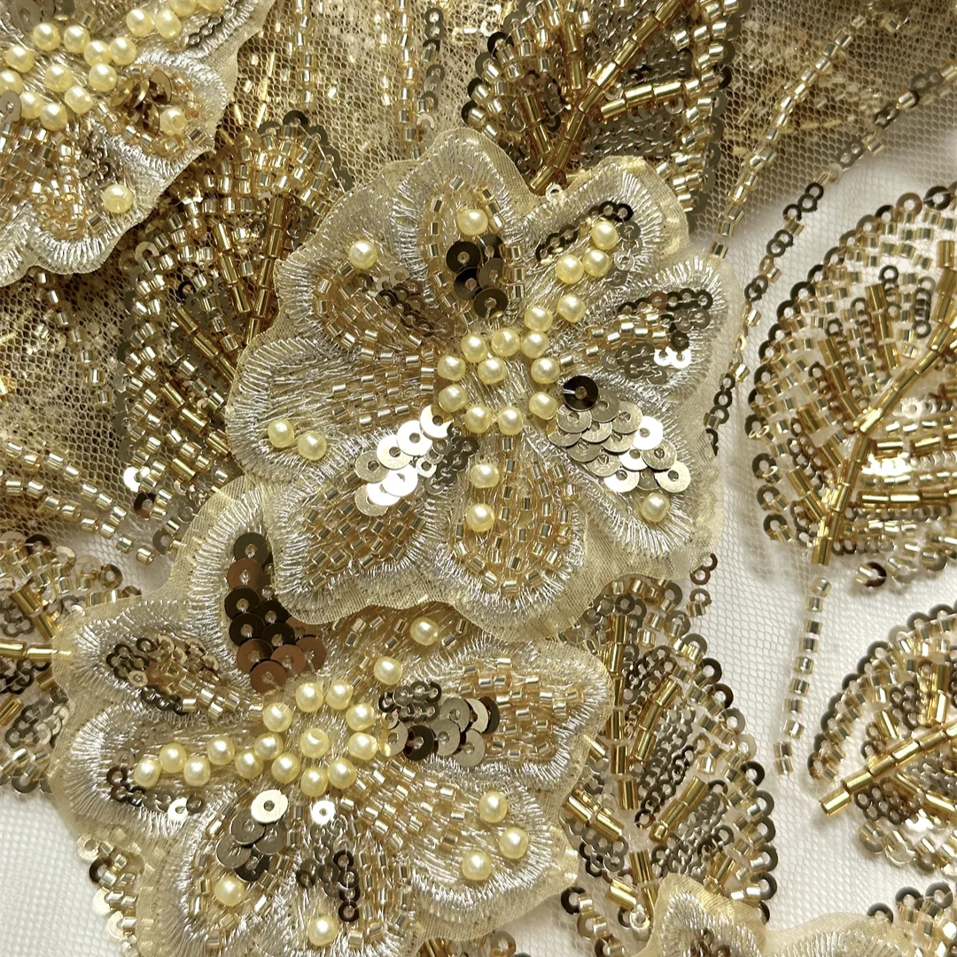 

Luxurious Gold Floral Lace Fabric With Beaded Mesh Embroidery For Wedding Dress Party Gown Elegant Sewing Material By yard