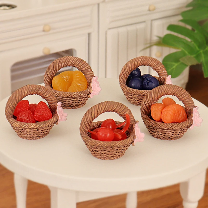 1:12 Dollhouse Miniature Fruit Basket Strawberry Blueberry Orange Cherry Woven Basket Storage Kitchen Toy Doll House Accessory