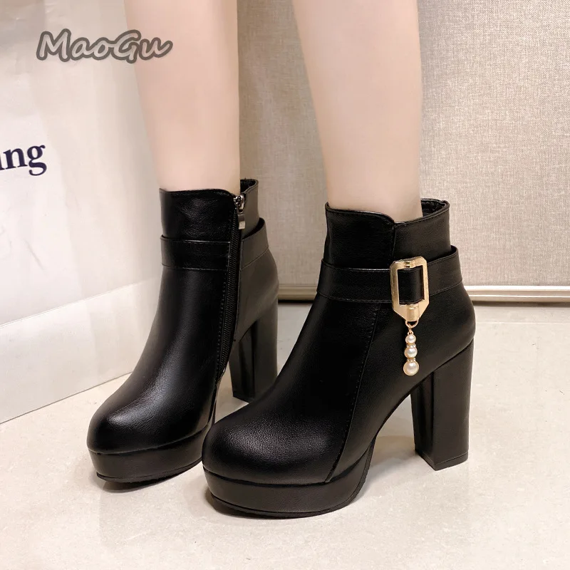 

Fashion 2025 Autumn Winter Women's Pearl Hangling Ankle Boots Chunky Heel Round Toe Belt Buckle Stylish Short Boots Size 34-40