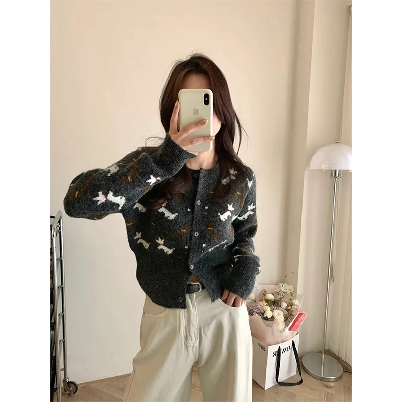 MEXZT Cropped Knitted Cardigan Women Streetwear Print Sweater Outerwears Winter Long Sleeve Knitwear Korean Casual Jumpers New