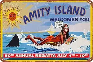Amity Island Welcomes You Poster Retro Metal Sign Vintage Tin Sign for Cafe Bar Home Wall Decor 12 X 8 inch 1pc sign