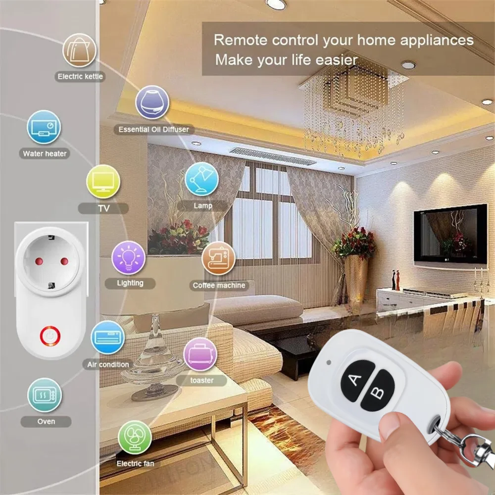 433Mhz Wireless Smart Outlet Remote Control Socket EU FR Waterproof Remote 15A 110V 220V RF Plug for Home Appliances Lamp ON OFF