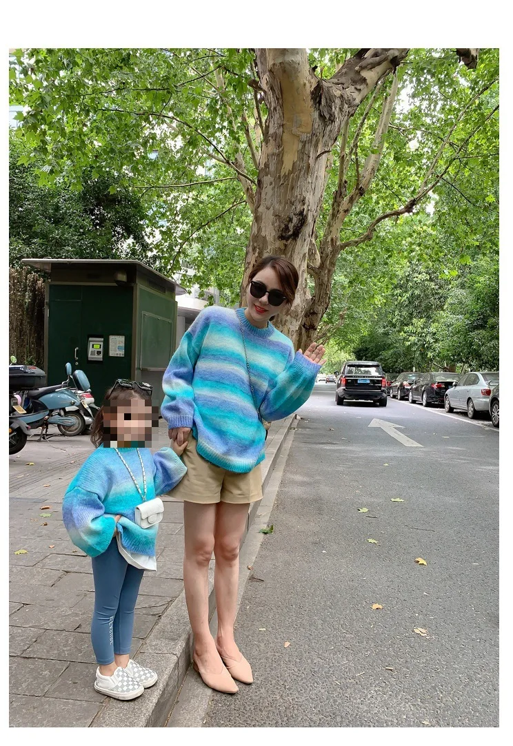 Parent and Children Clothes Mother and Daughter Sweater Loose Blue Clothes Fashion 2025 Autumn and Winter New Style