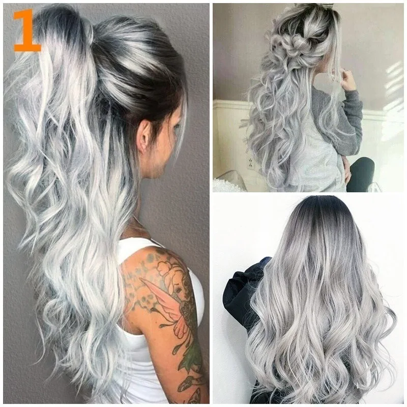 

Gray Silver Synthetic Wig With Dark Roots Heat Resistant Middle Part Long Wavy Wigs for Black Women Afro Cosplay Daily Wig