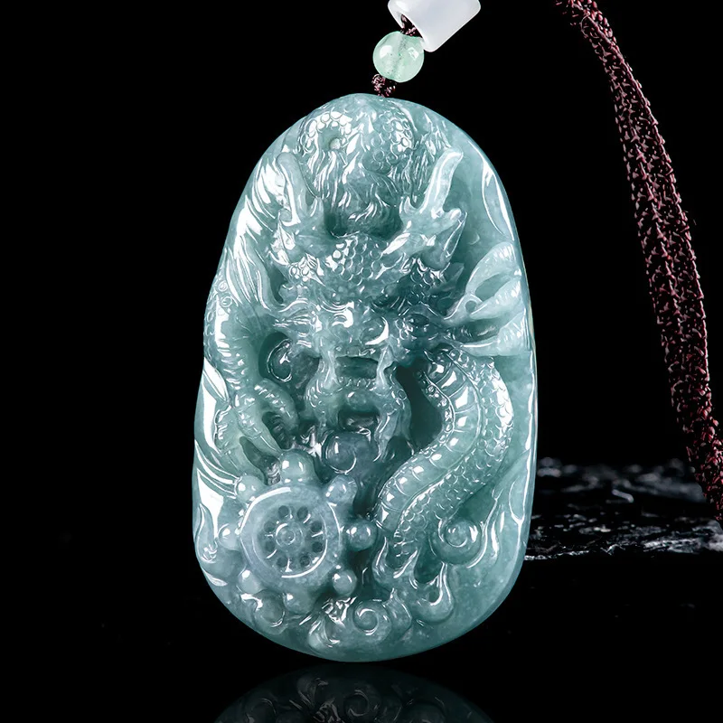 Natural Emerald Blue Water , Elegant Zodiac Dragon , Icy Jadeite Men's and Women's Pendant