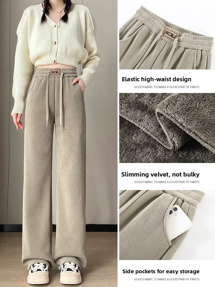 بنطلون نسائي واسع الساق من القطيفة المبطنة بالصوف السميك، تصميم ضيق من قماش الكوردروي، بنطلون خاص للخريف والشتاء، سميك ولامع ... #5