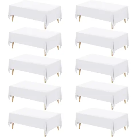 10 Pack White Table Cloth for Rectangle Table, 70 x 120 Inch Polyester Fabric Tablecloths Rectangular, Covers 6-8ft for Party, B
