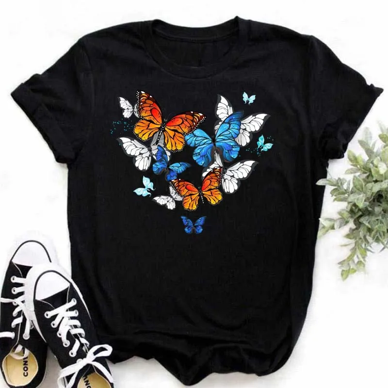 Red and Black Butterfly Fashioin Women's T-shirt print ladies T-shirt casual basis O-collar black shirt short sleeve Tshirt