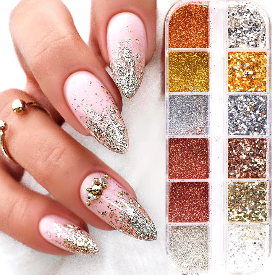 12 Grids Chrome Golden Silvery Nail Glitter Powder Shiny Mirror Rose Sequins Pigment Sand Dust for Nail Art Decorations Manicure