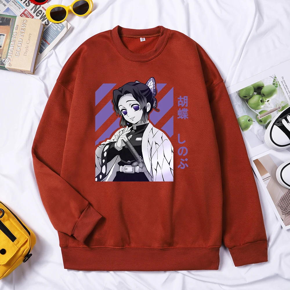 Anime Demon Slayer Kochou Shinobu Women Tops Fleece All-match Pullover Harajuku Loose Sweater Crewneck Fleece Female Clothing