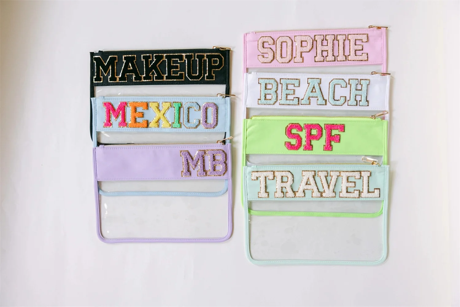 Personalized Clear Nylon Zip Pouch | Clear Pouch with Patches | Chenille Letter Pouch | Snack Bag | Clear Travel Bag | Clear Mak