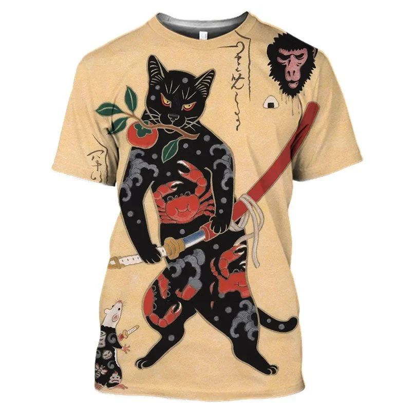 New Fashion Vintage T-shirt Samurai Cat Tattoo Shirt Men\'s 3D Cool Print Art Classic Shirt Summer Trend Round Neck T-shirt