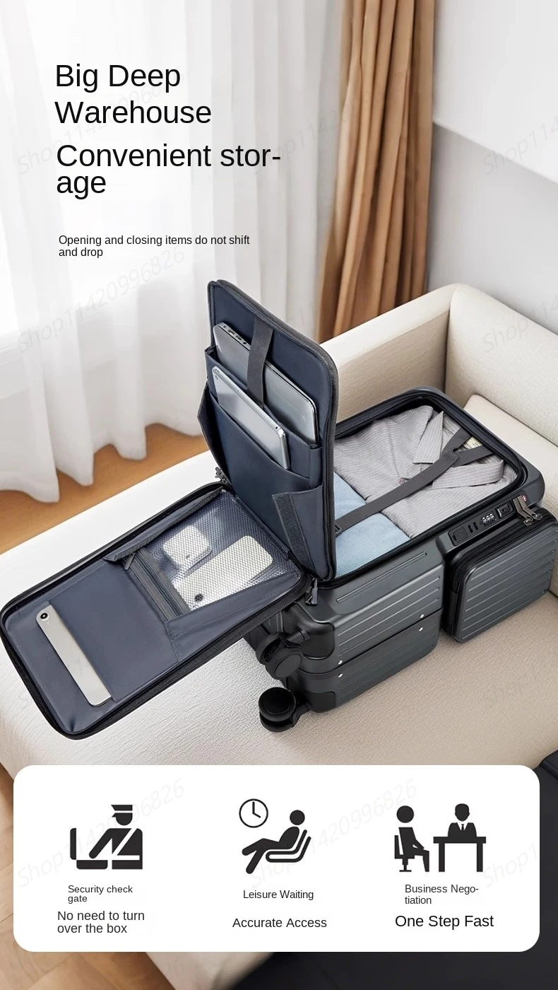 Handgepäck-Koffer mit Vorderöffnung, multifunktionaler Trolley-Koffer, 20-Zoll-Reisekabine, Passwortschloss, Gepäckkoffer, Reisetaschen – Detail 10