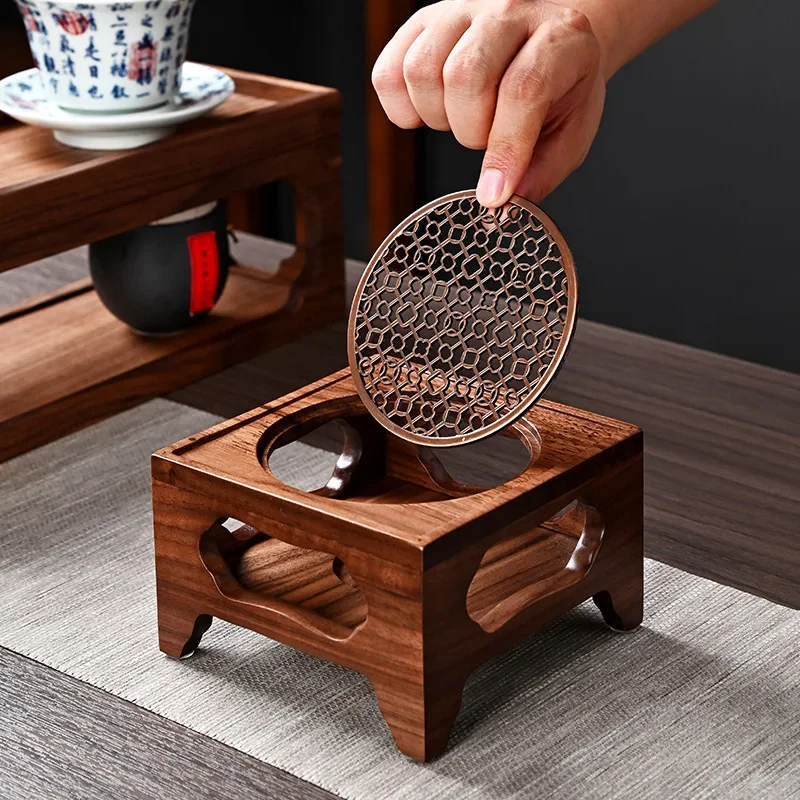 Chinese-Style Tea Cooker for Aromatherapy and Tea Ceremony Handmade Solid Wood Heating Base Zen Walnut Four-Legged Tea Stove