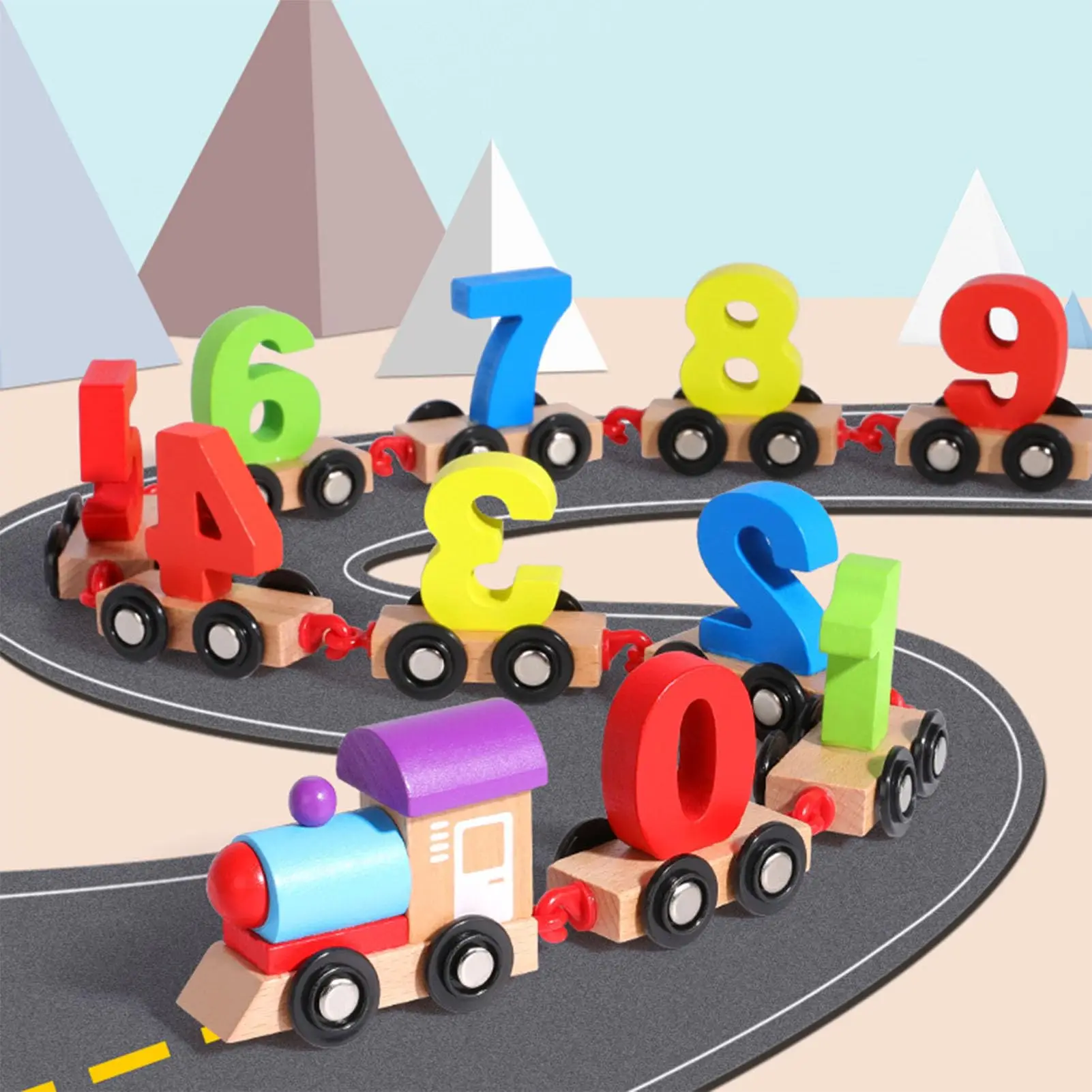 Conjunto de blocos de construção de brinquedo de trem de número de madeira, brinquedos educativos coloridos de empilhamento para crianças aprendizagem precoce reconhecimento de cor