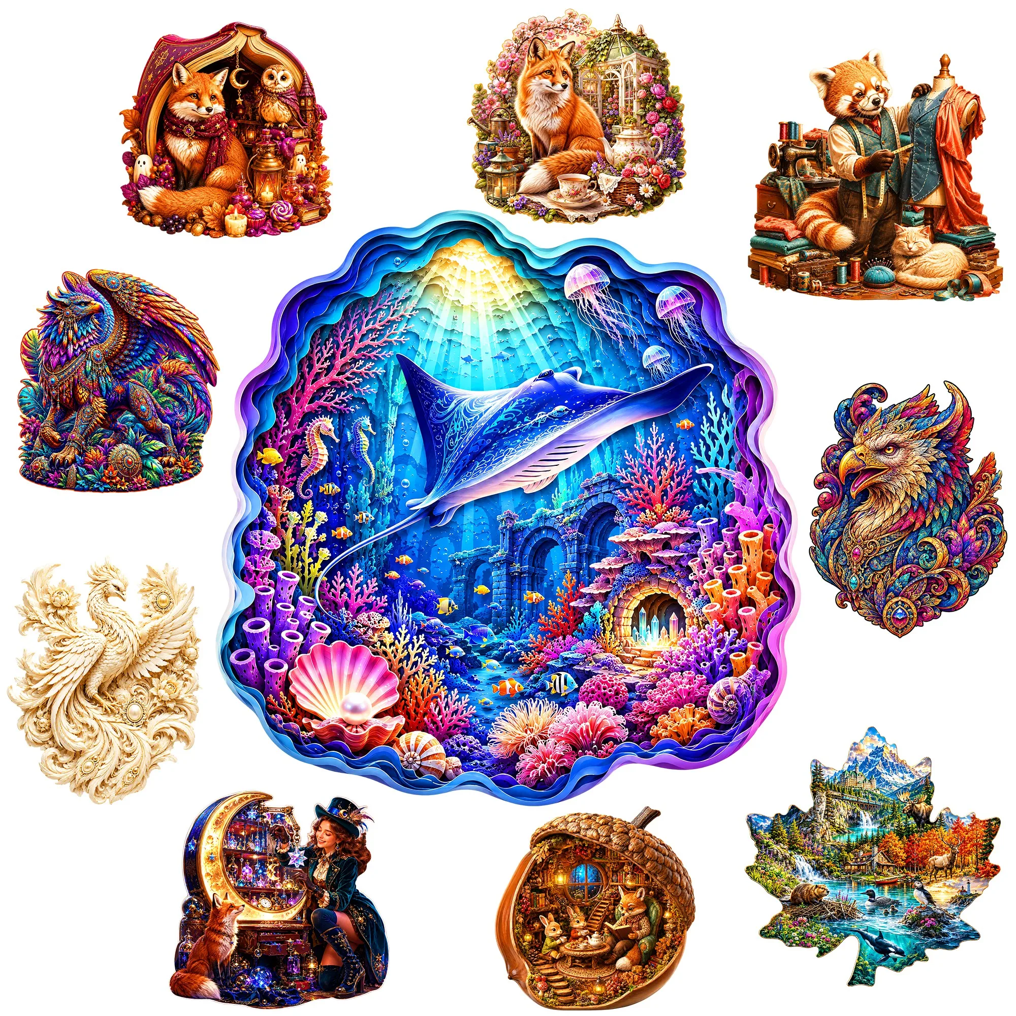 Ocean Castle and Underwater Fantasy Wooden Animal Jigsaw Puzzle Gift Toy Brain Teaser Holiday Season Gift for Teens and Kids