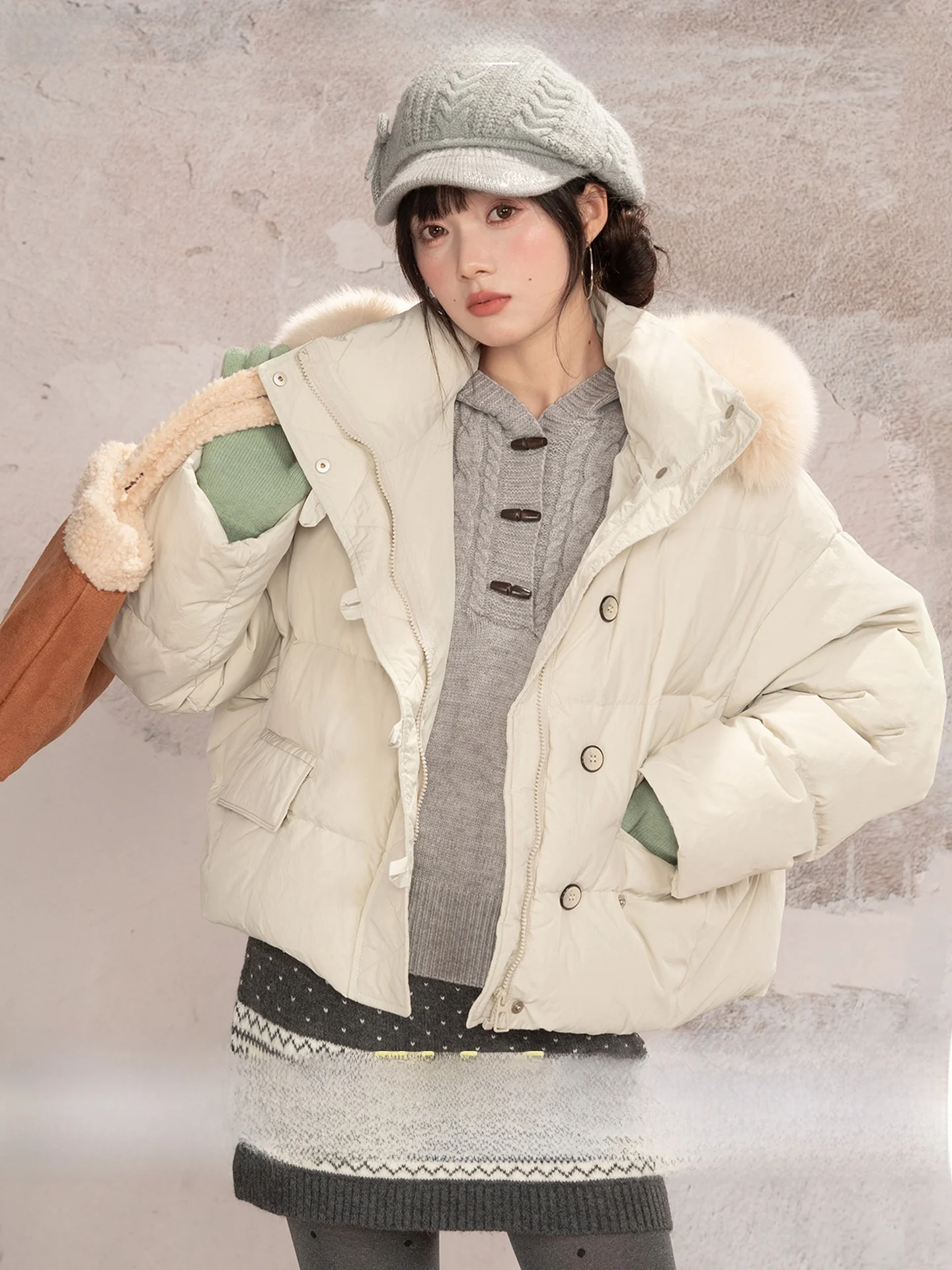 

Loveheynew Women's Padded Hooded Jaet Thi Warm Coat with Fur Collar Loose Fit Winter New Sle Sweet Sle White Du down