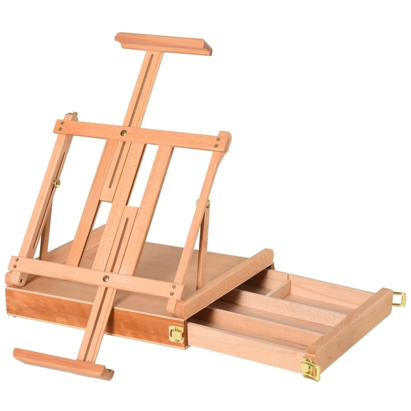 Natürliches Buchenholz-Klappstaffelei, Winkelverstellbar mit Schublade, 42x36x12,5cm Tragbare Studio-Staffelei für Künstlermalerei
