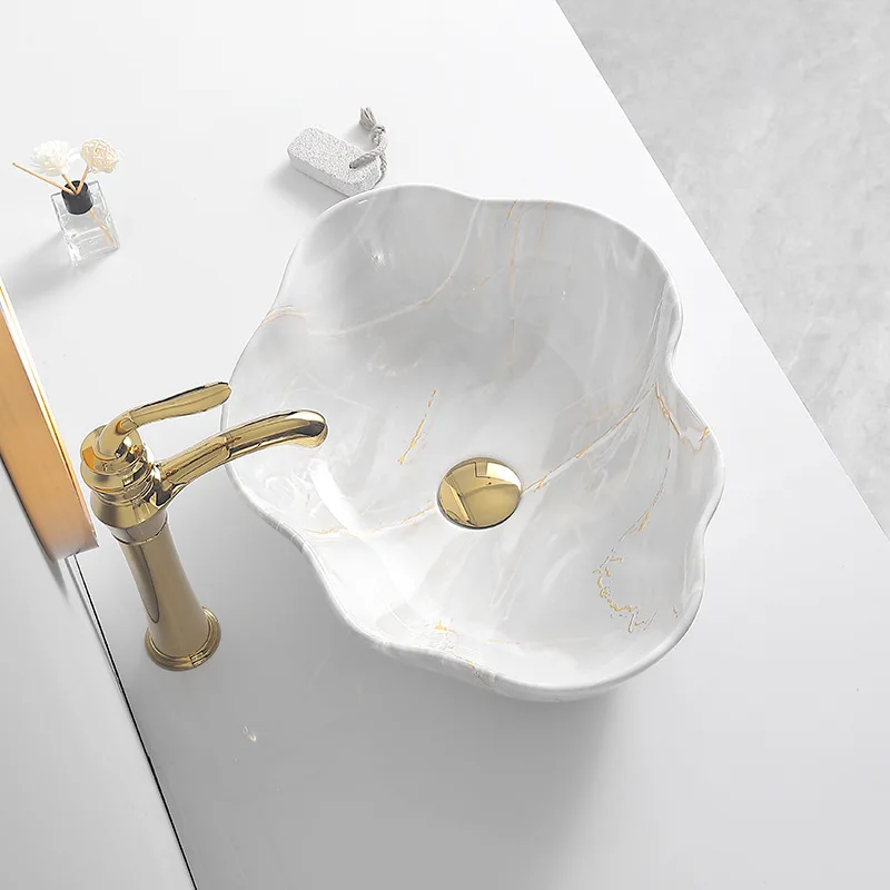 HT Hot bending integrated basin marble pattern ceramic single hole basin washbasin Ready to ship and purchase with peace of mind
