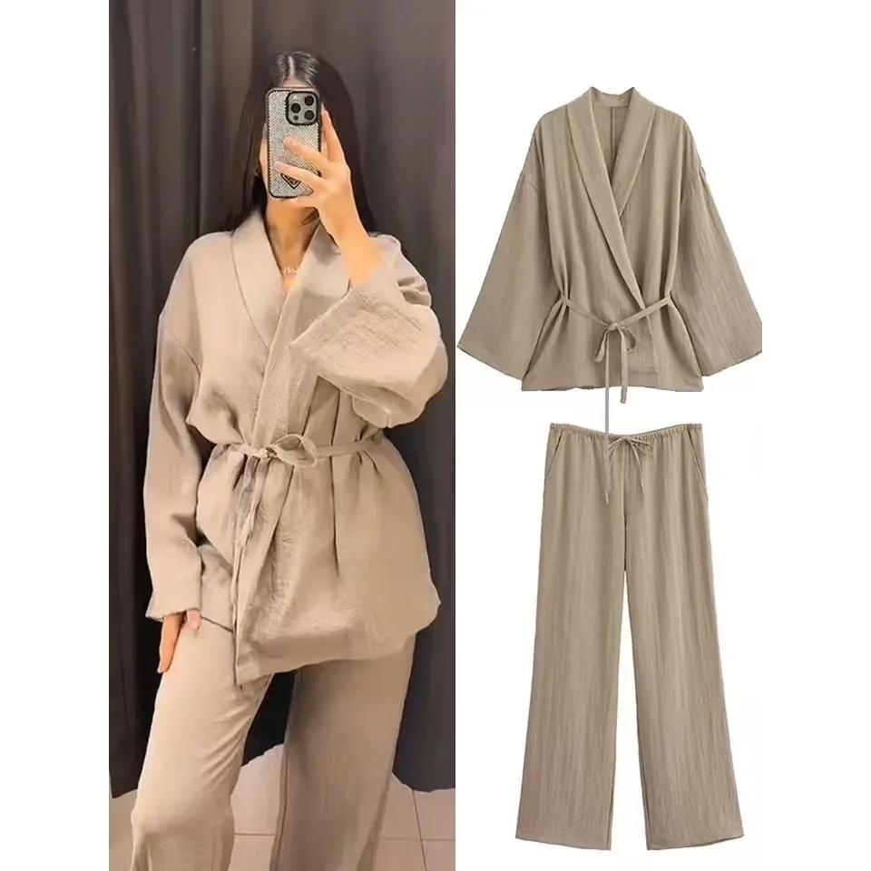 Female Pajamas 2 Pieces Suits Women Notched Collar Long Sleeve Blouse Straight Pants Cotton Linen Lace Up Shirts Long Pants Sets