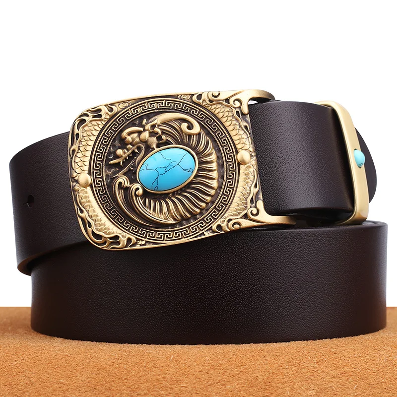 handmade-copper-bule-leather-belt-for-men-embedded-turquoise-top-layer-cowhide-smooth-bule-casual-versatile-waist-belt