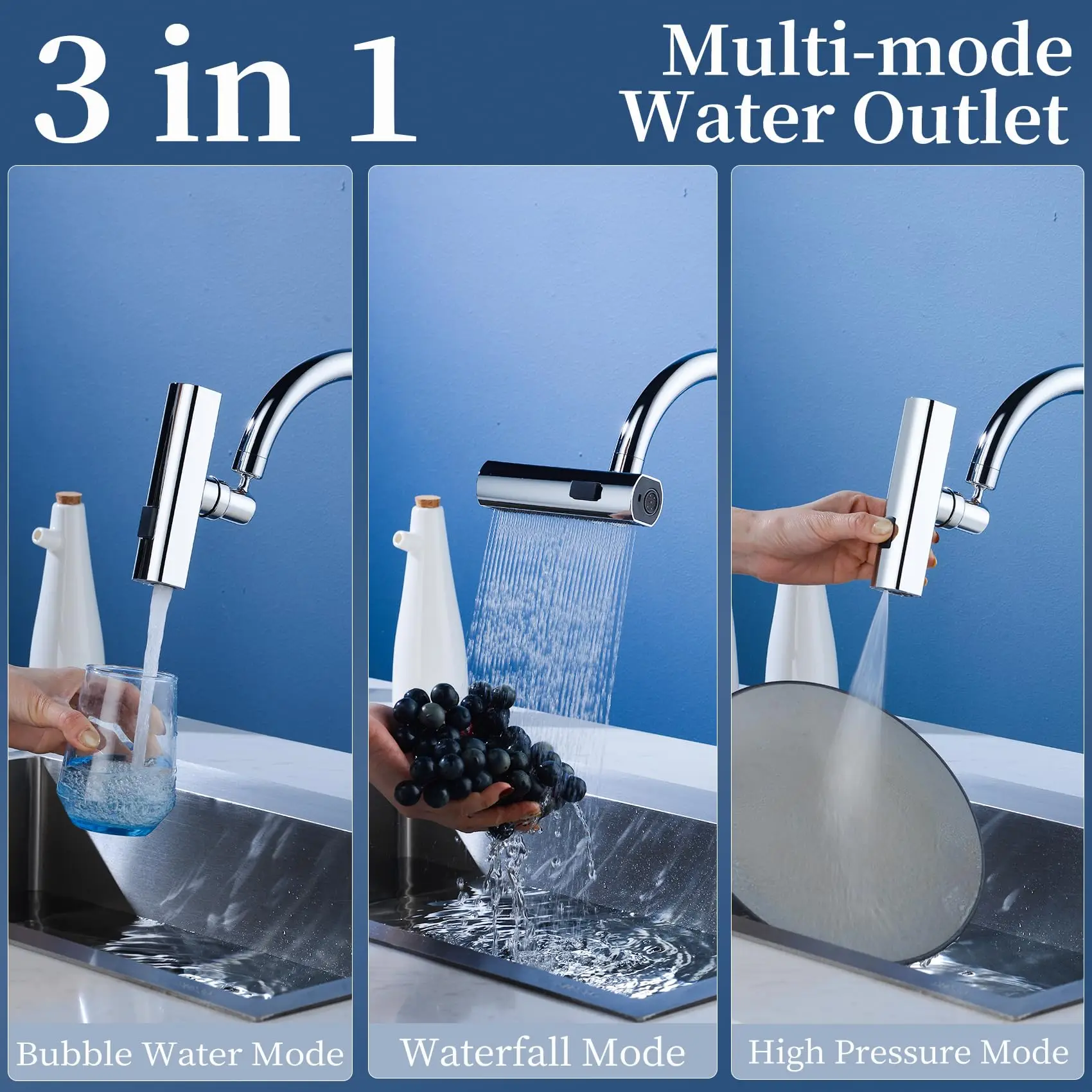 3 in 1 Waterfall Faucet Extender, Anti-Splash Waterfall Kitchen Faucet Adapter,360° Swiveling for Washing Vegetables & Fruits