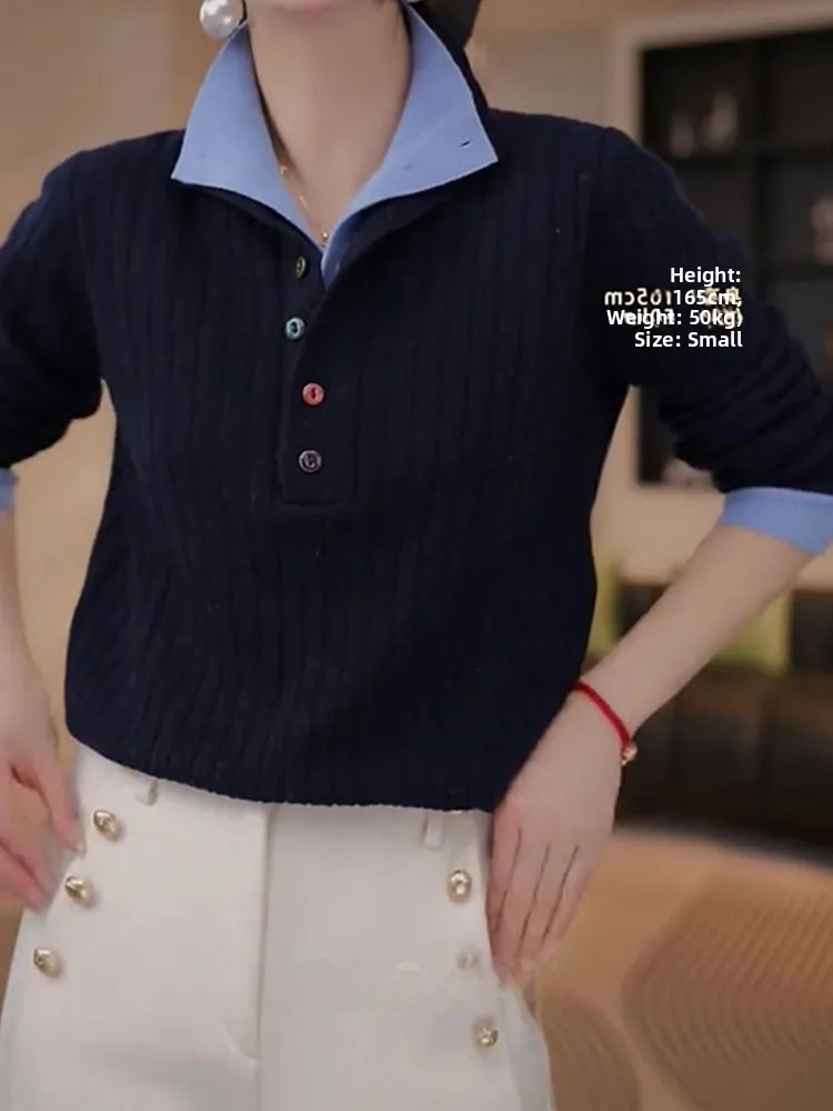 

Casual Long Sve Knitted Sweater Fake Two-Piece Color Blo Design Simple Korean Sle Top Ele Base irt Commute Faion