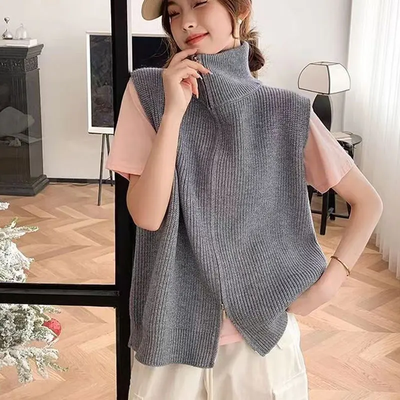 Fashion Autumn Winter Patchwork Zipper Sweater Fashion Tops Solid Color Knitting Cardigan Women\'s Clothing Sleeveless Vests