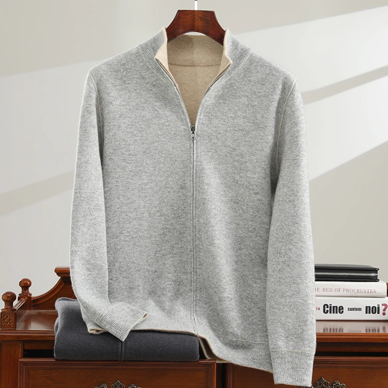 Winter men's 100% cashmere cardigan business casual reversible sweater loose semi high neck Tops thick Jumper zipper jacket