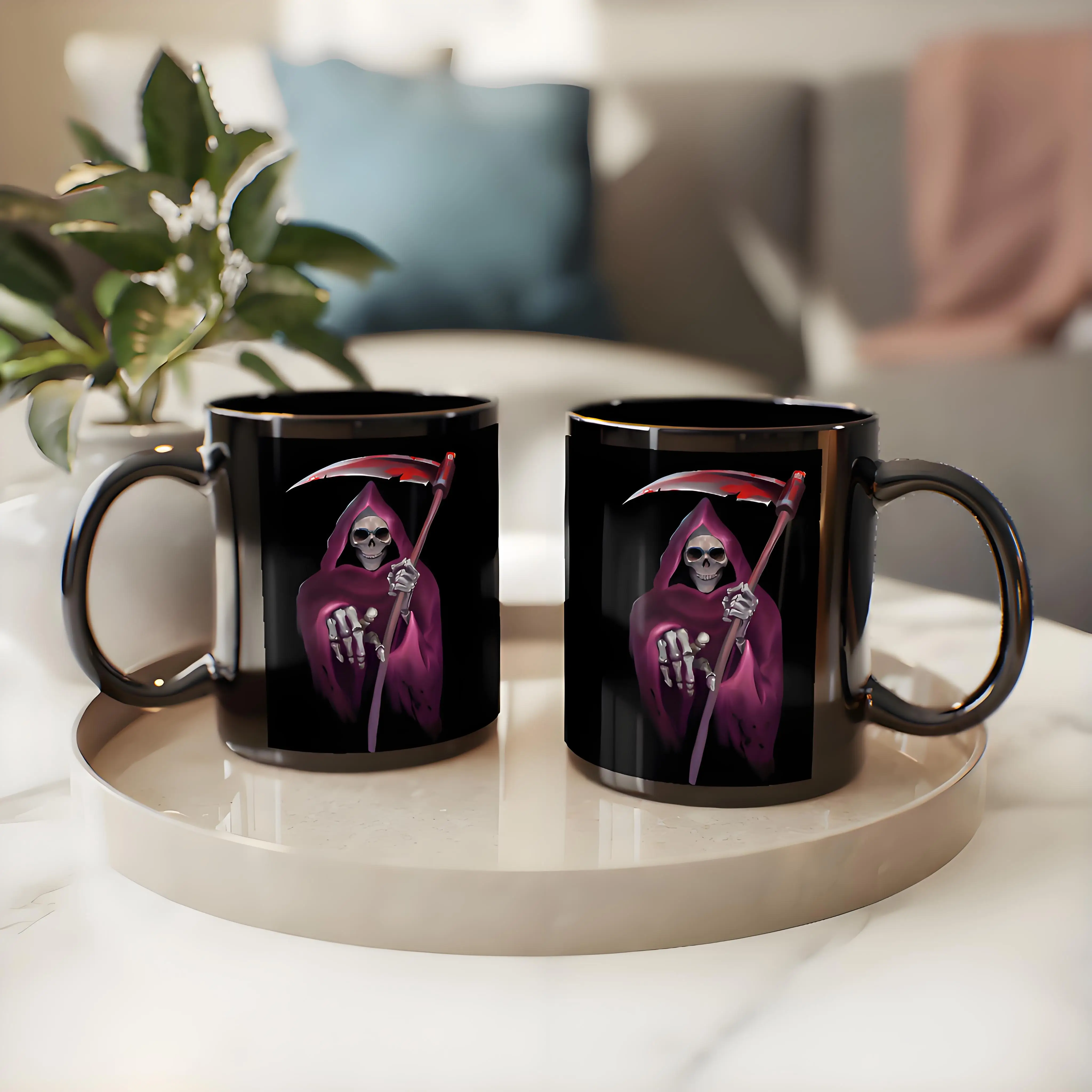 

Black ceramic coffee mug, designed with a skeleton wizard holding a sickle, perfect for Halloween gifts, kitchen drinkware.