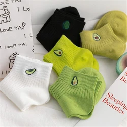 Women Solid Avocado Embroidery Socks Casual Joker Cotton Short Socks for Ladies Concise College Style Breathable Sox Trendy