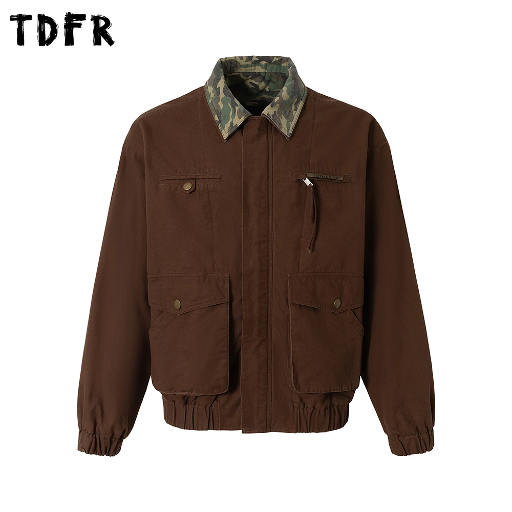 

Patchwork Cargo Jacket Mens Multi-Pocket Safari Style Autumn Loose Single Breasted Spliced Lapel Long Sleeve Outerwear Man