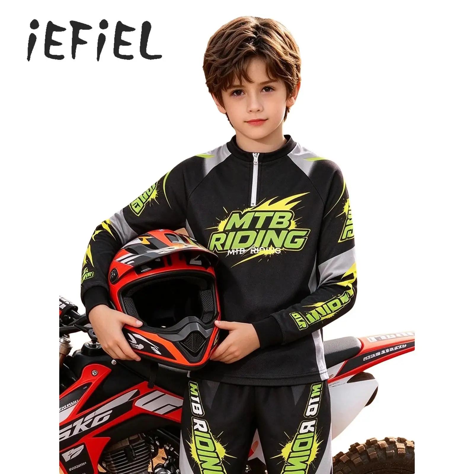Kids Boys Mountain Bike Shirts Children Zip-up Long Sleeve Cycling Jerseys Letter Print Color-blocked T-shirt Fitness Sportswear