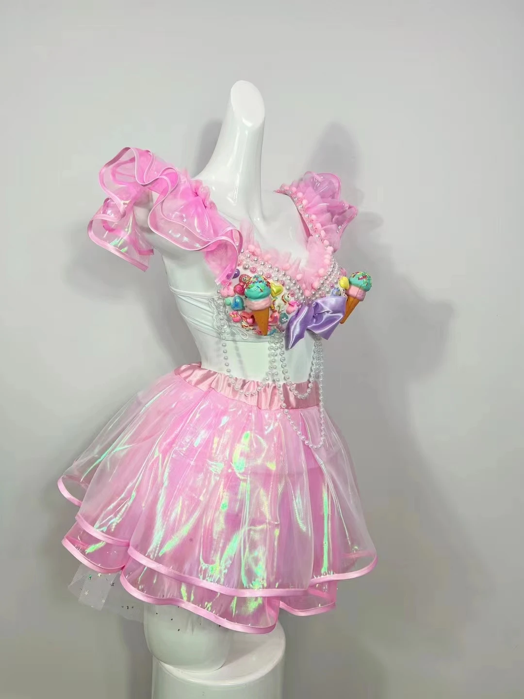 แคนดี้เพิร์ล สวีทฮาร์ทบิกินี่สีชมพูกระโปรงชุดเซ็กซี่บาร์ไนท์คลับดีเจเต้นรำชุดชุดการแสดงชุดวันวาเลนไทน์