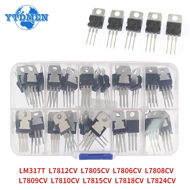 Zestaw 50 szt. układów scalonych stabilizatorów napięcia TO-220 LM317T L7812CV L7805CV L7806CV L7808CV L7809CV L7810CV L7815CV L7818CV L7824CV