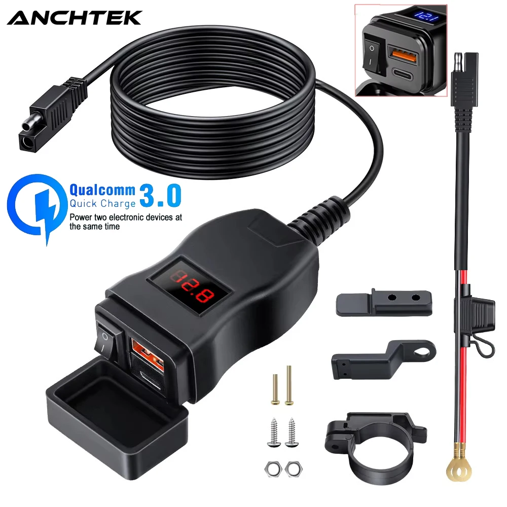 Anchtek Motorcycle USB Charger Waterproof Vehicle-Mounted Adapter QC3.0 PD Ports Quick Charging Moto Phone Charger With Switch