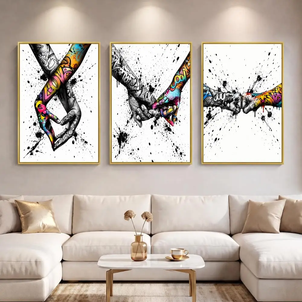 Graffiti Couple Hands Painting Calligraphy 3 PCS Canvas Wall Art Prints for Living Room Decor Modern Vintage Fashion Wall Decals