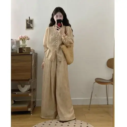 

2025 New Chinese Style Spring Set Women Elegant Lazy Chic Blouse Wide Leg Pants 3 Piece Suit Vintage Boho Fashion Outfit Fashion