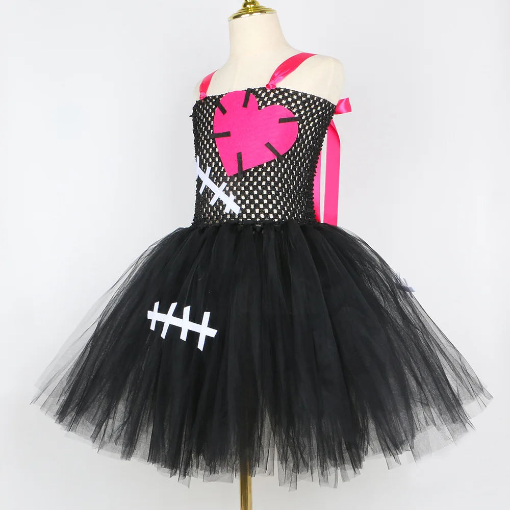 Halloween Girls Black Tulle Tutu Dress Kit with Decor Hat Children Stitched Heart Fluffy Skirt Stage Presentation Mesh Attire