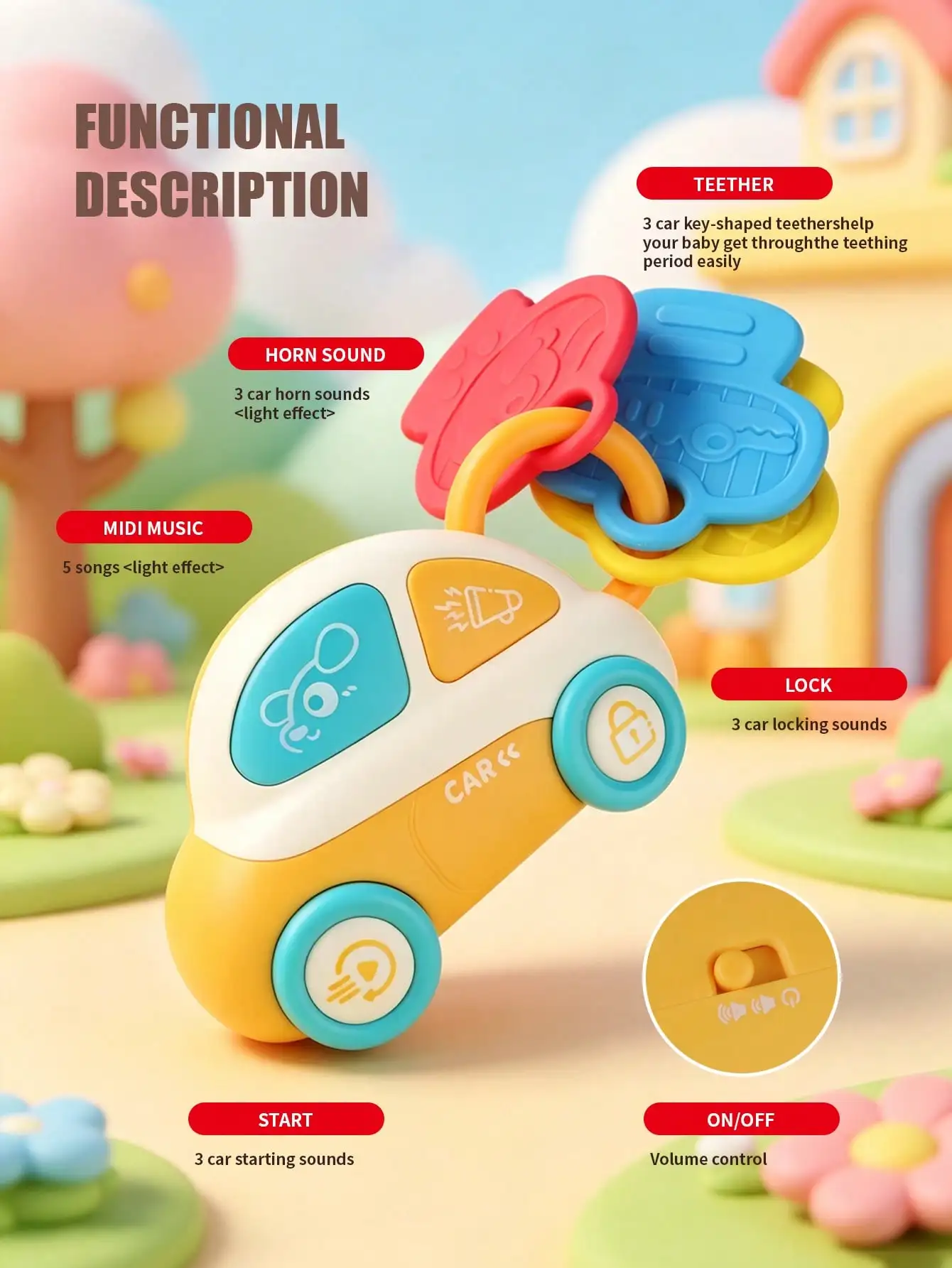 Baby Car Key Rattle Toy with Sound & Flashing Light, Infant Teething Silicone Key, Multifunctional Early Educational Toy