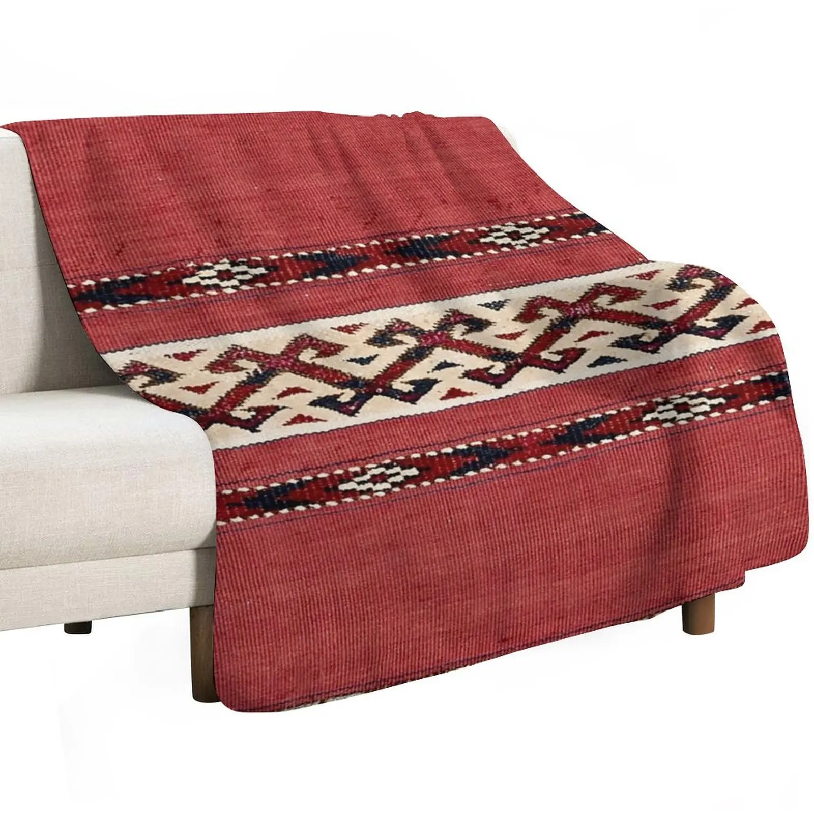Triangle Stripe Kilim 19th Century Authentic Colorful Picture of a Red Black and White Rug Throw Blanket Furrys Blankets