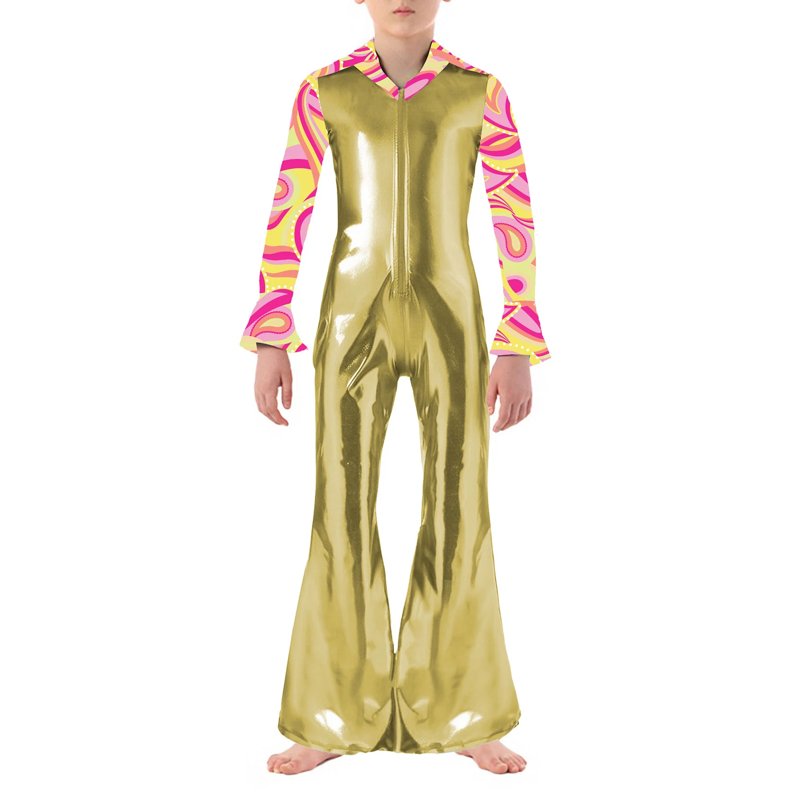 

Kids Boys Shiny Metallic Disco Dance Jumpsuit Fashion Printed Lapel Collar Long Flare Sleeve Zipper Bell-Bottomed Pants Rompers