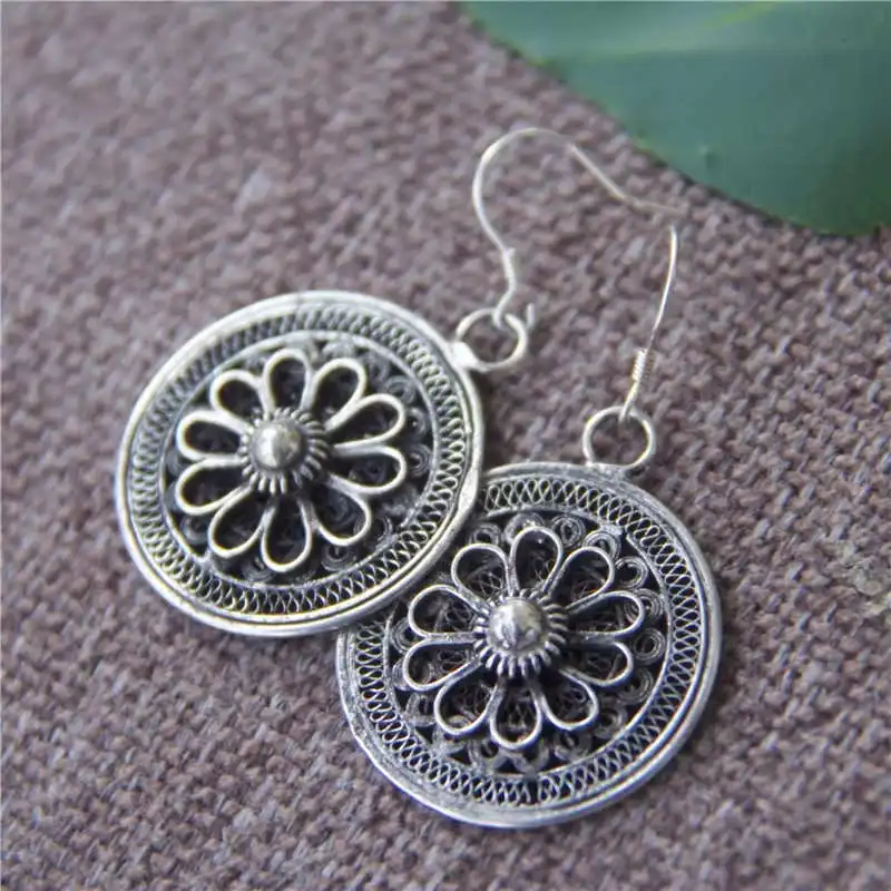 Miao Ethnic Hand Filigree Copper Big Circle Tassel Earrings E077