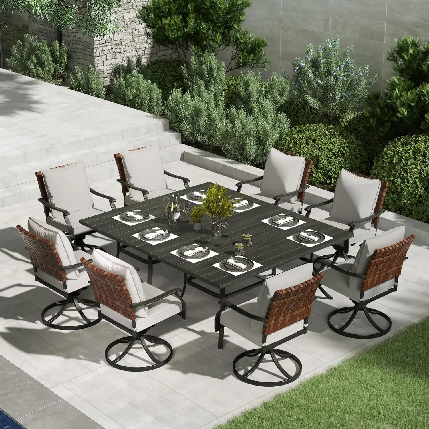 10 Piece Outdoor Dining Set 8 Leather Look Wicker Swivel Patio Chairs 2 Rectangular Dining Table Black Durable material