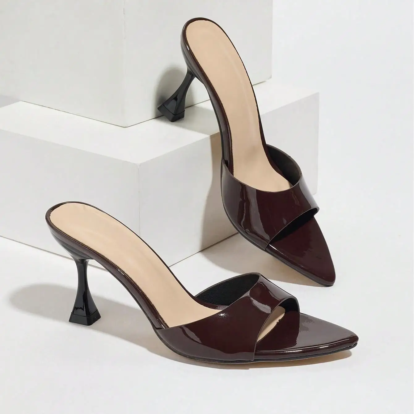 

2025 Women's Coffee Thin Heel Slides Patent Leather Pointed Toe Summer Elegant Shoes